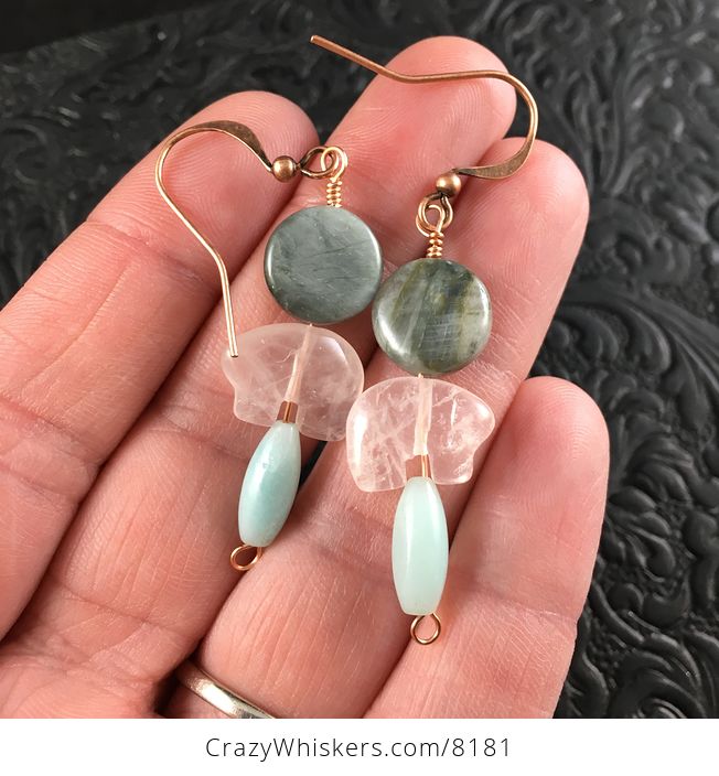 Rose Quartz Bear Amazonite and Chrysoberyl Cats Eye Earrings with Copper Wire - #m3QdILtyMa0-1