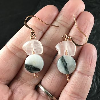 Rose Quartz Bear and Chrysoberyl Cats Eye Earrings with Copper Wire #M9TzcFC8gU0