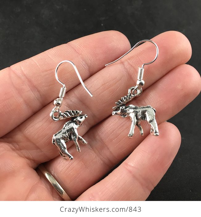 Silver Toned Alloy Elk or Moose Pendant Necklace and Earrings Jewelry Set - #w37n4pXg9Ik-3