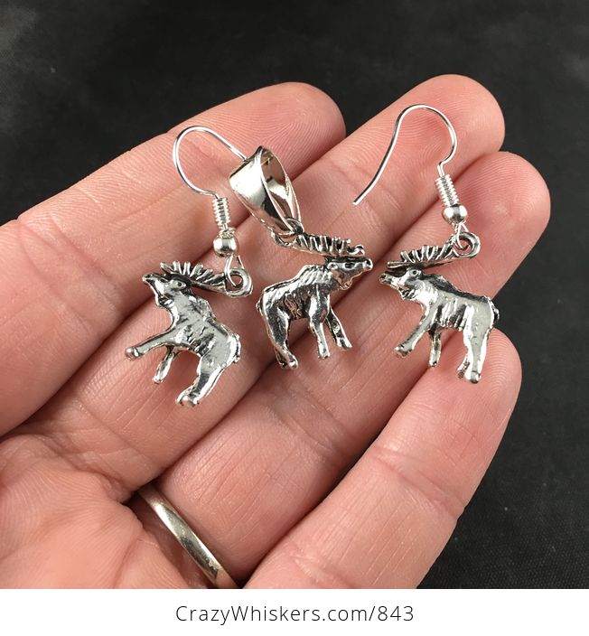 Silver Toned Alloy Elk or Moose Pendant Necklace and Earrings Jewelry Set - #w37n4pXg9Ik-1