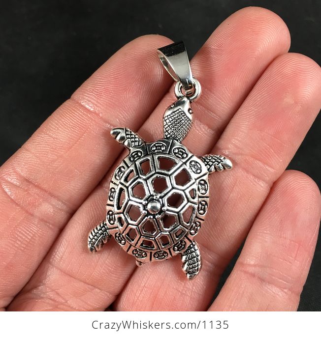 Small Cute Silver Toned Sea Turtle Pendant Necklace - #WBDgoMENS7g-2