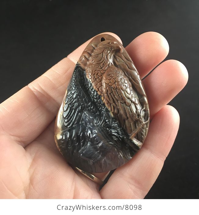 Stone Pendant Jewelry Wolf and Eagle Spirit Animals Carved Black and Brown Mexican Agate - #h9o9AwFFpL0-1