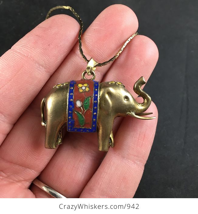 Stunning Brass and Cloisonne Elephant Pendant Necklace - #ANJPMeC3dBg-1