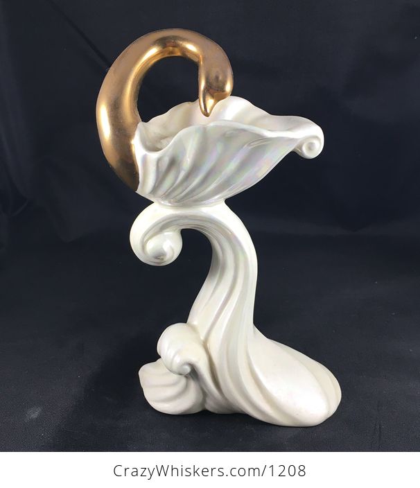 Stunning Pair of Iridescent Cream Glazed Ceramic Swan Candle Holders with Gold Elegant Necks Made by Ceci Holds Mini and Thin Taper Candles - #0WCrzIDU9Vs-3