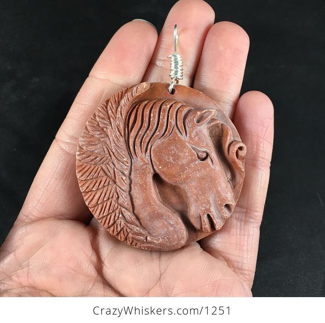Stunning Round Carved Winged Pegasus Horse Red Malachite Stone Pendant with Wire Bail - #gSilqQx0FQU-1