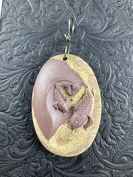 Swimming Koi Fish Carved in Ribbon Jasper Stone Pendant Mini Art Ornament #LaYXmbO4WXw