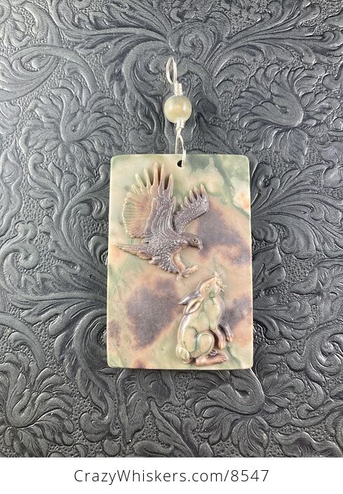 Swooping Eagle and Rabbit Carved in Jasper Stone Pendant Jewelry - #VvJ2nOoEB0M-3