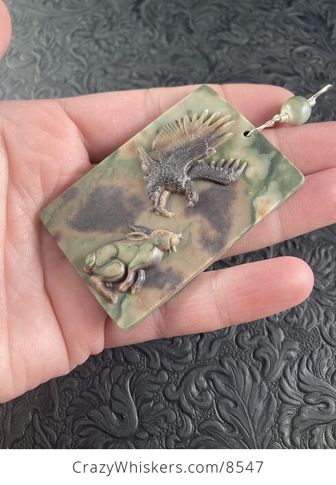 Swooping Eagle and Rabbit Carved in Jasper Stone Pendant Jewelry - #VvJ2nOoEB0M-4