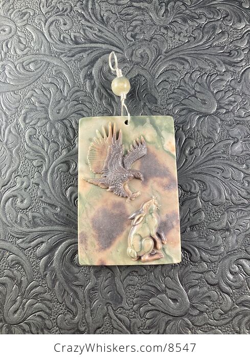Swooping Eagle and Rabbit Carved in Jasper Stone Pendant Jewelry - #VvJ2nOoEB0M-6