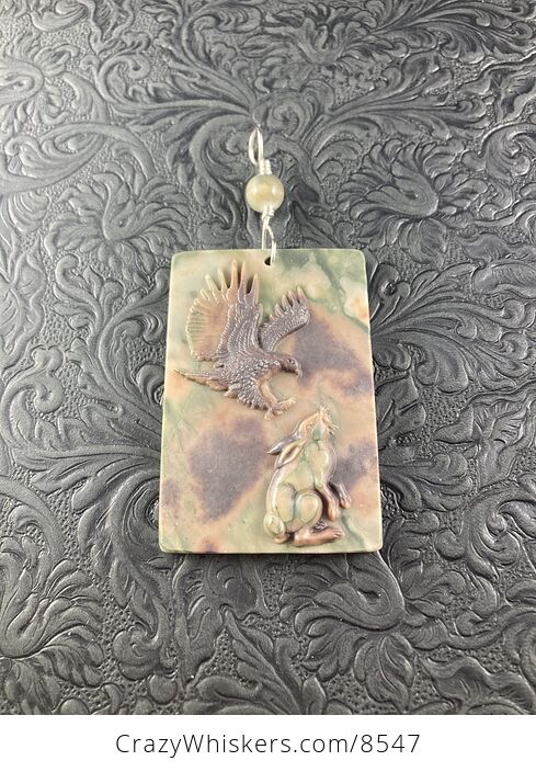 Swooping Eagle and Rabbit Carved in Jasper Stone Pendant Jewelry - #VvJ2nOoEB0M-2