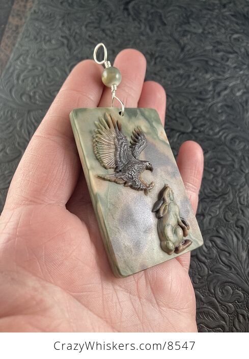 Swooping Eagle and Rabbit Carved in Jasper Stone Pendant Jewelry - #VvJ2nOoEB0M-5