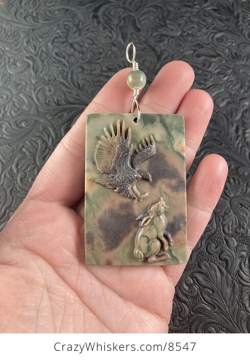 Swooping Eagle and Rabbit Carved in Jasper Stone Pendant Jewelry - #VvJ2nOoEB0M-1