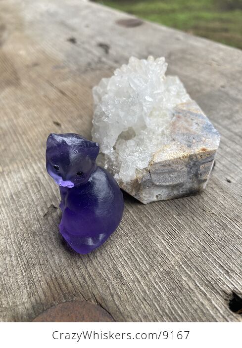 Tiny Carved Kitty Cat Purple Fluorite Figurine and Crystal Base - #tfCcBxcCJbg-2
