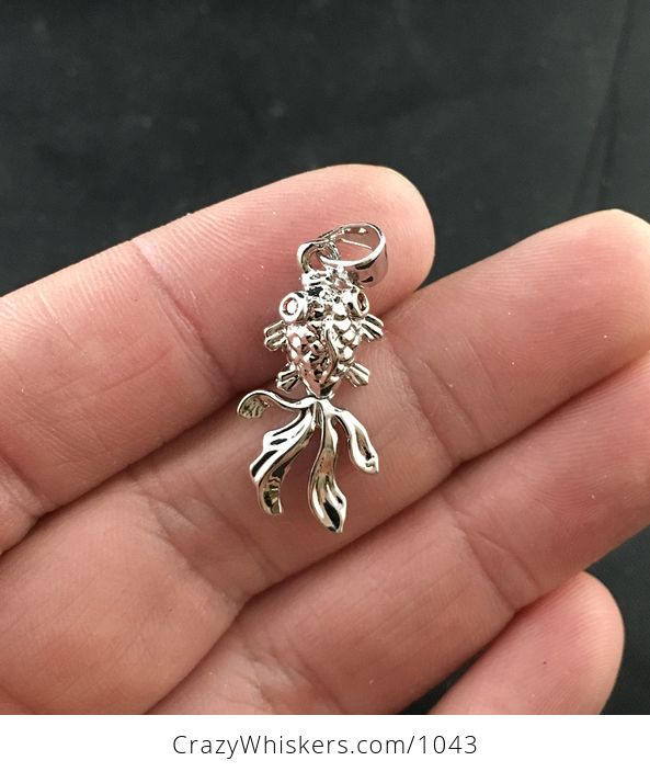 Tiny Wiggly Fancy Goldfish in Silver Tone Pendant with Red Rhinestone Eyes - #2Mz0T7u2mco-1