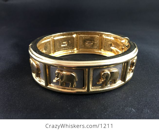 Vintage Bangle Bracelet of Gold Tone Elephants on Silver Rectangles - #zZSvq4GBRZo-1