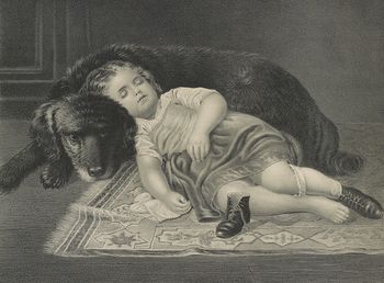 Vintage Digital Image of a Tired Girl Sleeping Against Her Dog C1872 #a3znw8ZEWT8