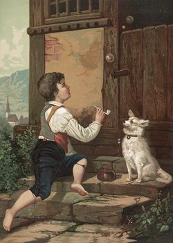 Vintage Digital Image of a Boy Blowing Bubbles by His Dog C 1873 #MK8BWTXfZ5M