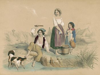 Vintage Digital Image of a Dog and Children at a Pond #FBIH50cEZ2M