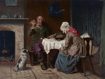 Vintage Digital Image of a Dog Begging While a Man and Woman Pray at a Table #RqaichGEp0g