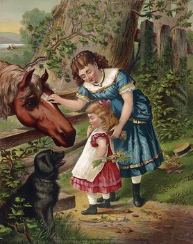 Vintage Digital Image of a Dog Watching a Girl Showing Her Sister How to Pet a Horse #uNkY8XmnFB4