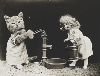 Vintage Digital Image of a Doll and Kitten Pumping Water #Xc9CyXtJLBY