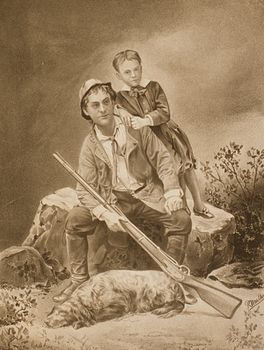 Vintage Digital Image of a Father Son and Dog with a Hunting Rifle C1879 #VfoHboNBEPw