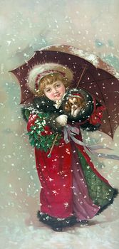 Vintage Digital Image of a Girl and Dog in Snow Storm #jNUvlAwedNs