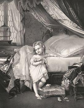 Vintage Digital Image of a Girl Climbing into Bed and Saying Goodnight to Her Dog C1873 #nmdUfuGR0AA