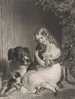 Vintage Digital Image of a Girl Cuddling with a Dog and Puppies #6NHG51nY6ro