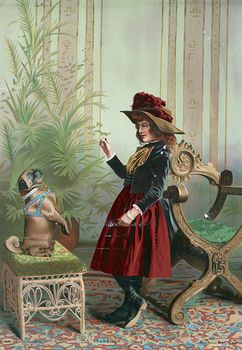 Vintage Digital Image of a Girl Holding up a Treat and Training Her Pug Dog #zwxAOjspzJ8