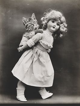 Vintage Digital Image of a Kitten Getting a Piggyback Ride from a Doll #PBYx91p0K2Y