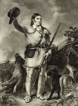 Vintage Digital Image of a Sepia Portait of Colonel David Crockett with Dogs #DQCwddvmt9I