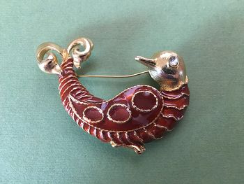 Vintage Gold Tone and Burnt Orange Bird Brooch Pin with a Rhinestone Eye #5UxFIIfvP20