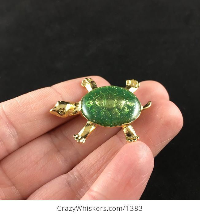 Vintage Gold Tone and Sparkly Green Turtle Tortoise Brooch Pin - #WVYOAnLQf98-3