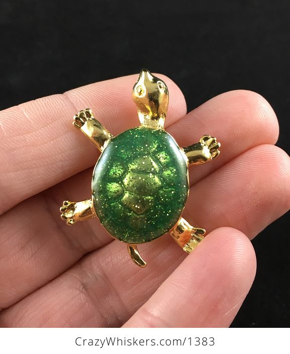 Vintage Gold Tone and Sparkly Green Turtle Tortoise Brooch Pin - #WVYOAnLQf98-1