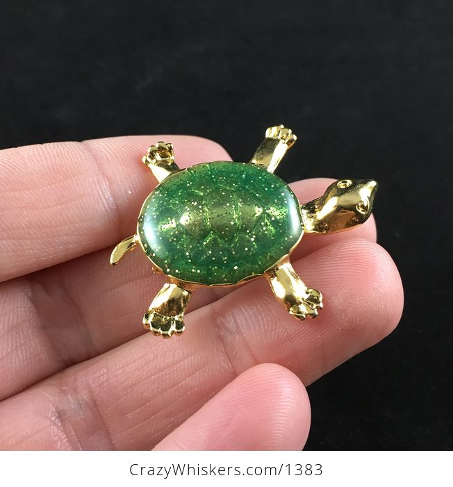 Vintage Gold Tone and Sparkly Green Turtle Tortoise Brooch Pin - #WVYOAnLQf98-2