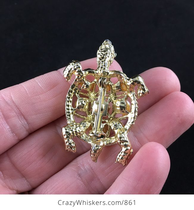 Vintage Gold Tone Turtle Brooch Pin with Texture Pearly Sections on Shell and Painted Green Eyes - #sRReWCyMDAg-4