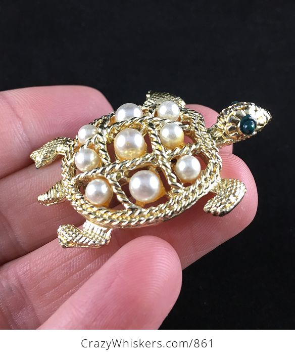 Vintage Gold Tone Turtle Brooch Pin with Texture Pearly Sections on Shell and Painted Green Eyes - #sRReWCyMDAg-2