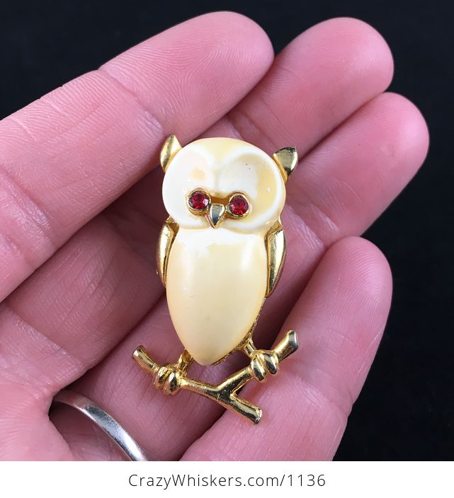 Vintage Ivory Toned Red Stone and Gold Tone Perched Owl Brooch Pin - #V74Q2jtiGec-1