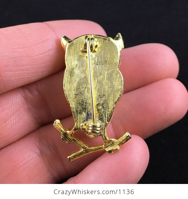 Vintage Ivory Toned Red Stone and Gold Tone Perched Owl Brooch Pin - #V74Q2jtiGec-4