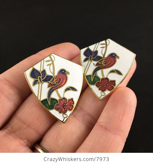 Vintage Jewelry Cloisonne Bird and Flower Earrings - #FhYLTqVLupY-2