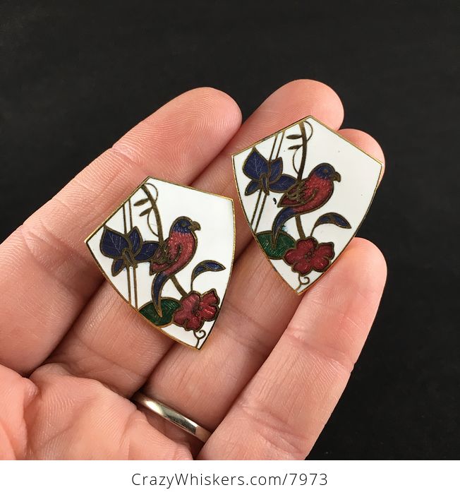 Vintage Jewelry Cloisonne Bird and Flower Earrings - #FhYLTqVLupY-1