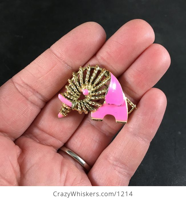 Vintage Stylish Gold Toned and Pink Elephant Brooch Pin - #EWQufdcjmIQ-1