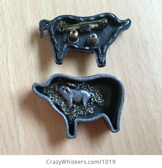 Vintage Torino Pewter Pig Earrings Brooch Necklace and Trinket Box - #DYOZCoqjPVo-3