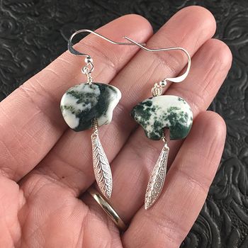 White and Green Tree Moss Agage Bear and Silver Toned Metal Leaf Earrings #OXr9UduIXW8