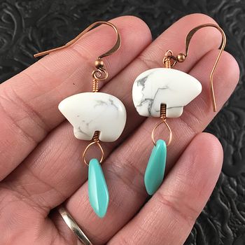 White Howlite Polar Bear and Blue Turquoise Colored Dagger Earrings with Copper Wire #rPgmPEKyjW8