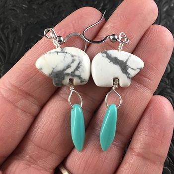White Howlite Polar Bear and Blue Turquoise Colored Dagger Earrings with Silver Wire #tQhOTwBbkm0