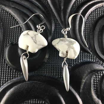 White Howlite Polar Bear and Silver Dagger Earrings with Silver Wire #f4UvdmIzgHI