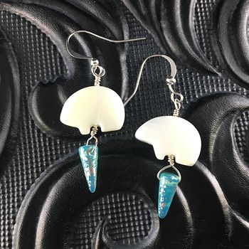 White Mother of Pearl Polar Bear and Arctic Blue Spike Earrings with Silver Wire #aBOBcmr2THk