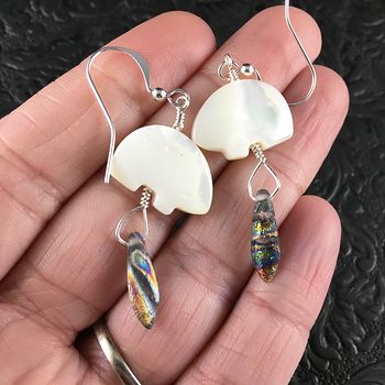 White Mother of Pearl Polar Bear and Etched Northern Lights Dagger Earrings with Silver Wire #LvgiLhtYLdQ